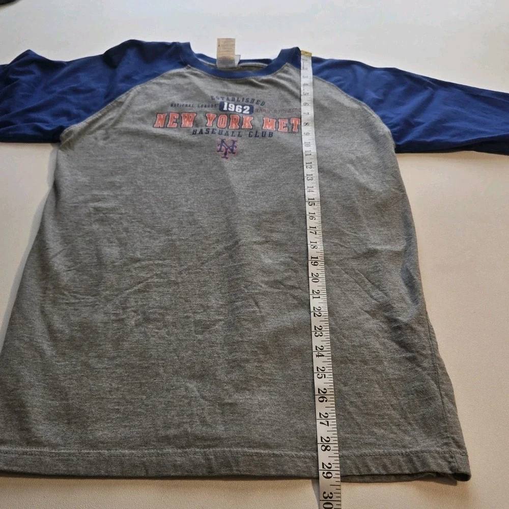 New York Mets MLB Raglan Shirt Boys 16‎ 18 3/4 Sleeve Gray Blue Baseball Tee EUC